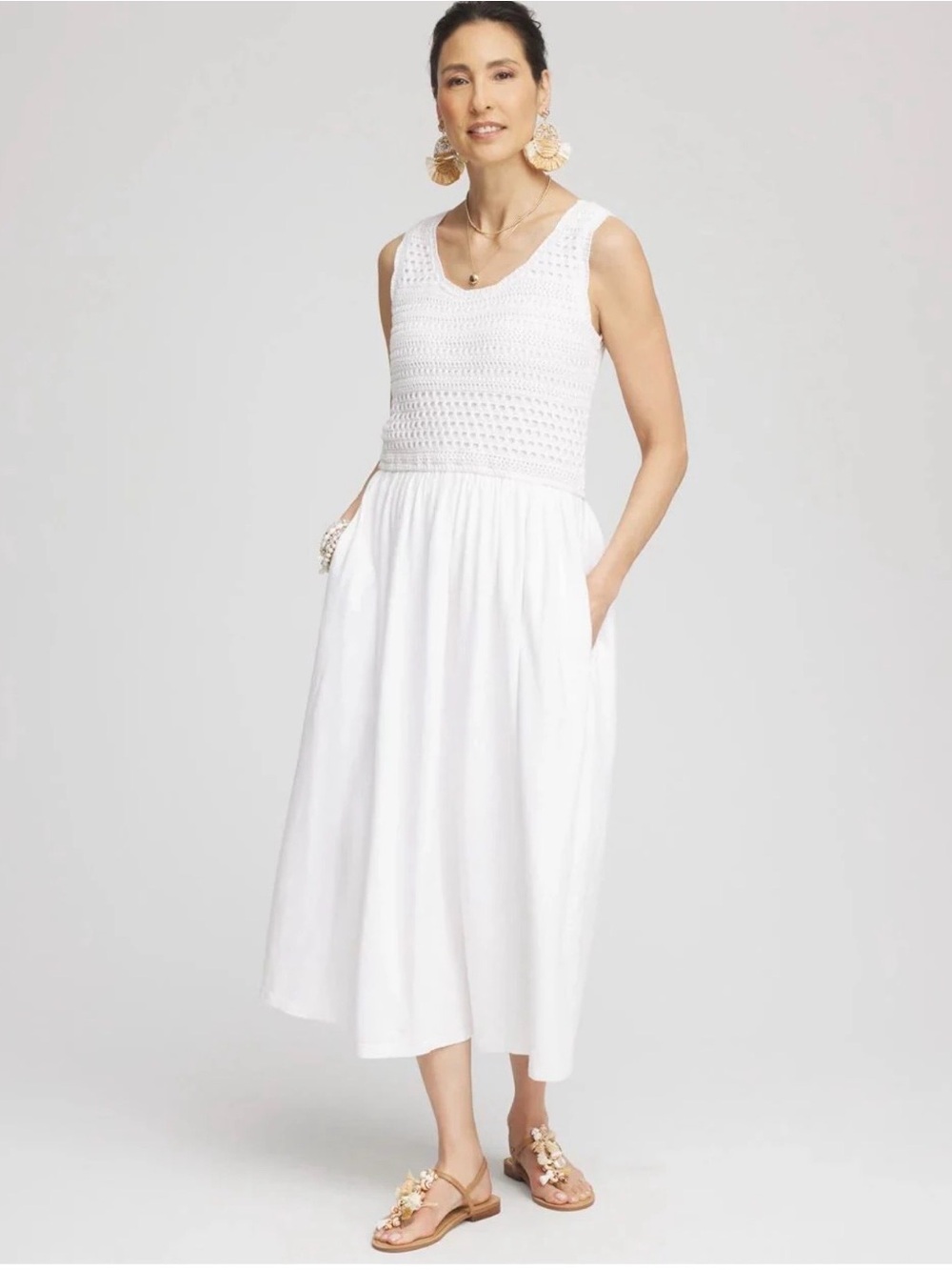 Chico's White Crochet Bodice Midi Dress